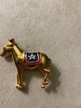 Signed Monet Gold Tone Democrat Donkey Brooch Patriotic Red White Blue